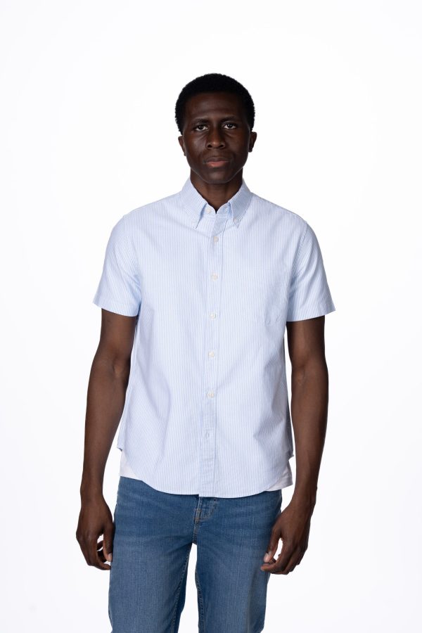 Tailored Fit Striped Oxford Short Sleeve Shirt – Sky Blue