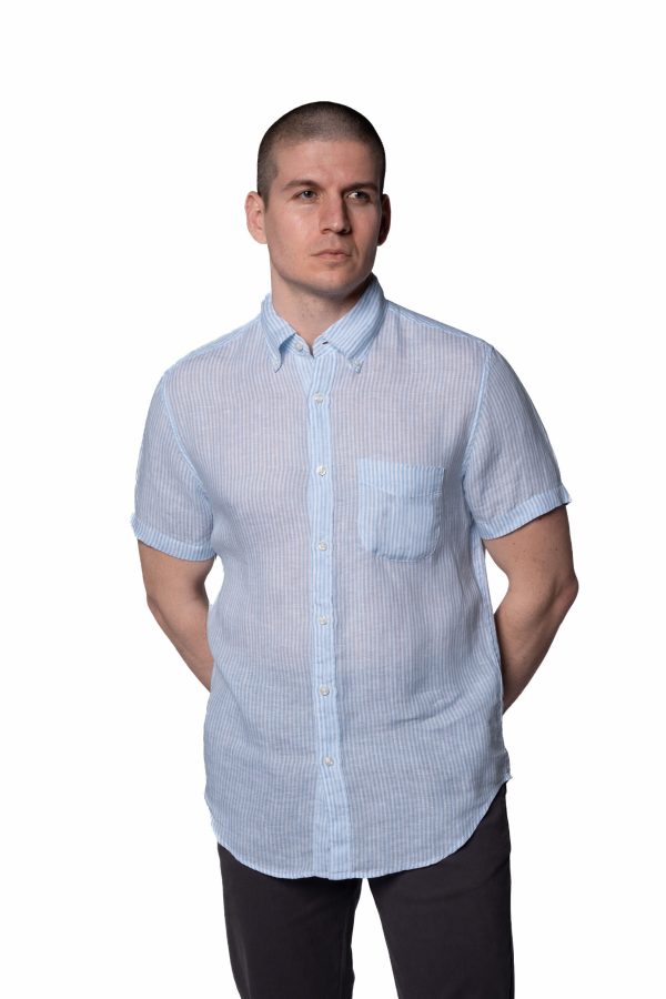 Linen Short Sleeve Summer Shirt - Blue Stripe