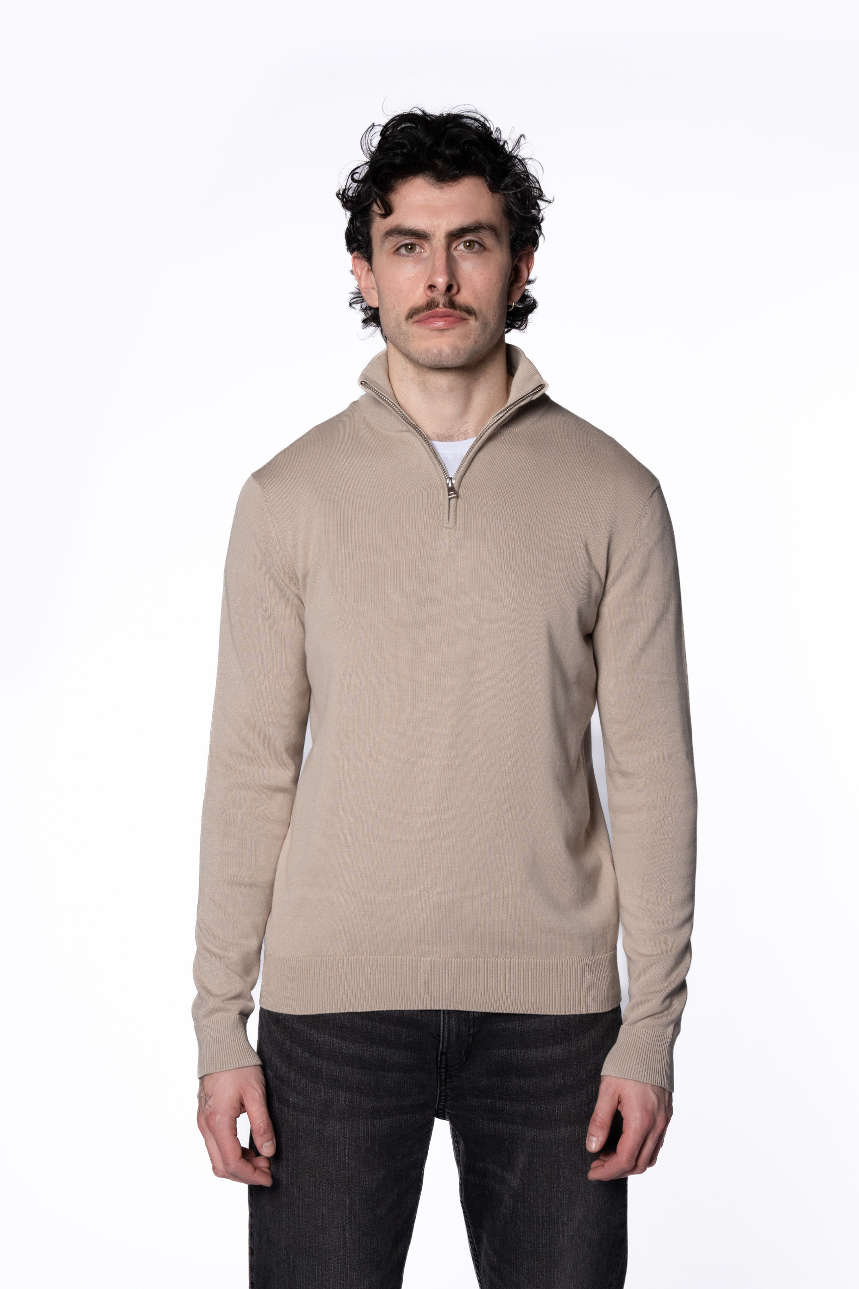 Fine Knit Half Zip Jumper – Stone • Perennial Menswear