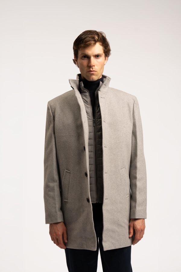 2 In 1 Funnel Neck Wool Coat – Grey